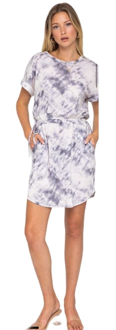 Gilli Tie-Dye Drawstring Waist T-Shirt Dress, Grey & White, Plus Size 1X
